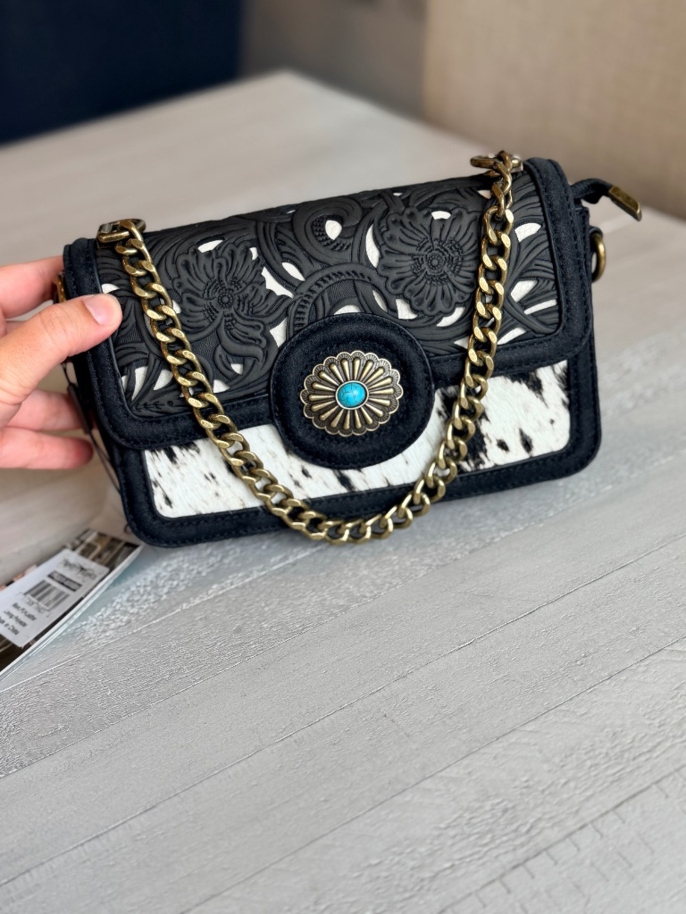 Trinity Ranch Cowhide Floral Cutout Crossbody Bag Black
